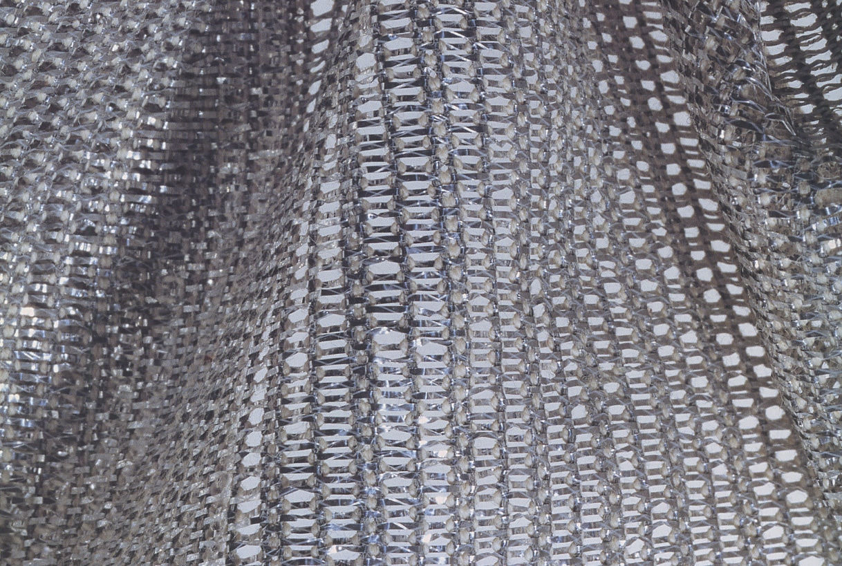 Jack Lenor Larsen Mercury textile, 1969, Verel, metallic gimp, rayon, cotton leno weave. Collection Cowan & Tout. Image from Jack Lenor Larsen Creator and Collector by McFadden, Friedman, Stack, Larsen, 2004