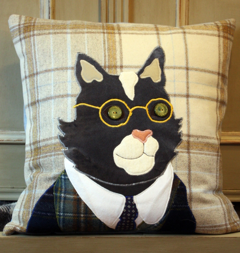 Cat tweed cushion by Alexandra Stevens for The Cotswold Tailor
