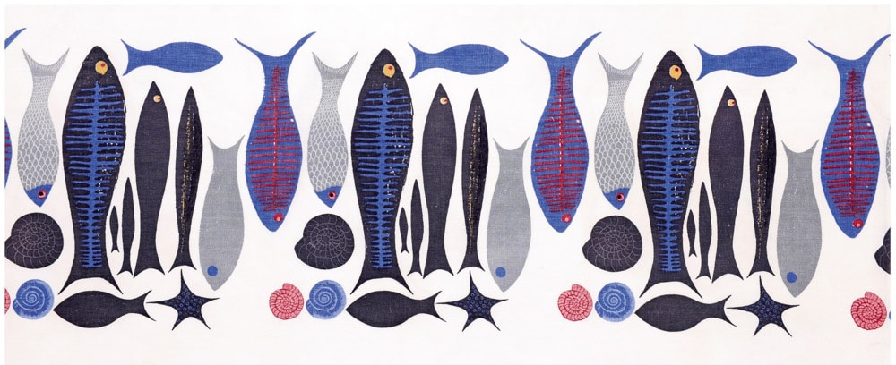 ‘A Fish is a Fish is a Fish’, designed by the painter and designer Ken Scott and illustrated in Interiors magazine, September 1951. Shown here is a border printed version for dresses and skirts. It was also printed as a furnishing textile by W.B. Quaintence of New York and was marketed in the United Kingdom through Sanderson & Son Ltd.