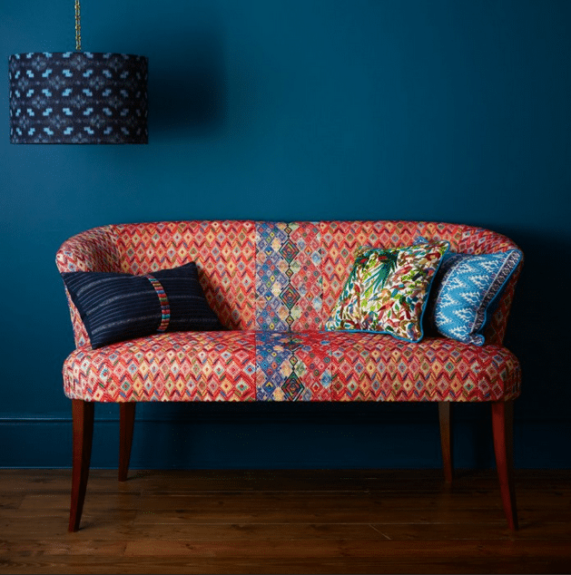 Cumatz Sofa upholstered in the UK with tapestries hand woven on backstrap looms in Guatemala, A Rum Fellow