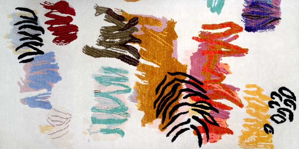 Detail of rug designed by Bernard Frize, hand-knotted in hand-spun wool and silk by Christopher Farr for Tomorrow’s Tigers