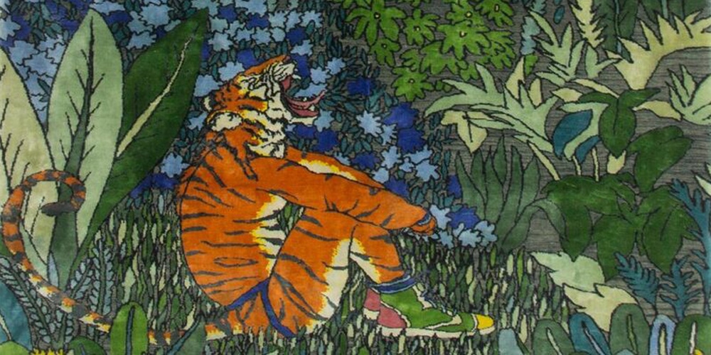 Detail of rug designed by Raqib Shaw, hand-knotted in hand-spun wool and silk by Christopher Farr for Tomorrow’s Tigers