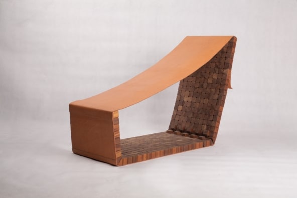 Tessera Lounge Chair, produced in Lebanon 2012 Walnut, leather and copper, leatherwork by Johnny Farah 100 x 85 x 44 cm 